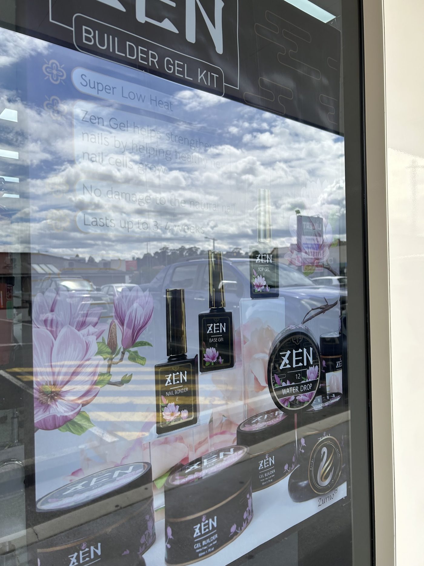 The ZEN Builder Gel Kit poster in the Bloom shop window